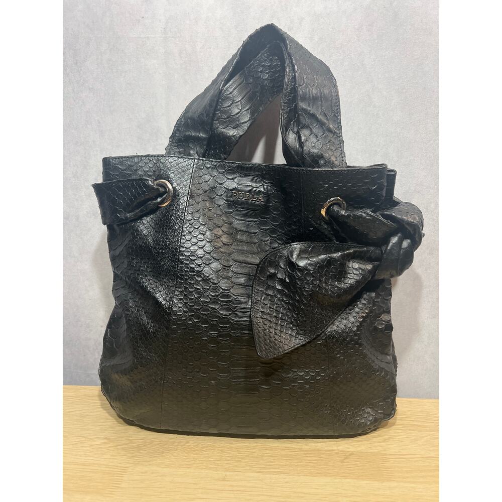 Furla Black Python Embossed Leather Side Bow Hobo… - image 4